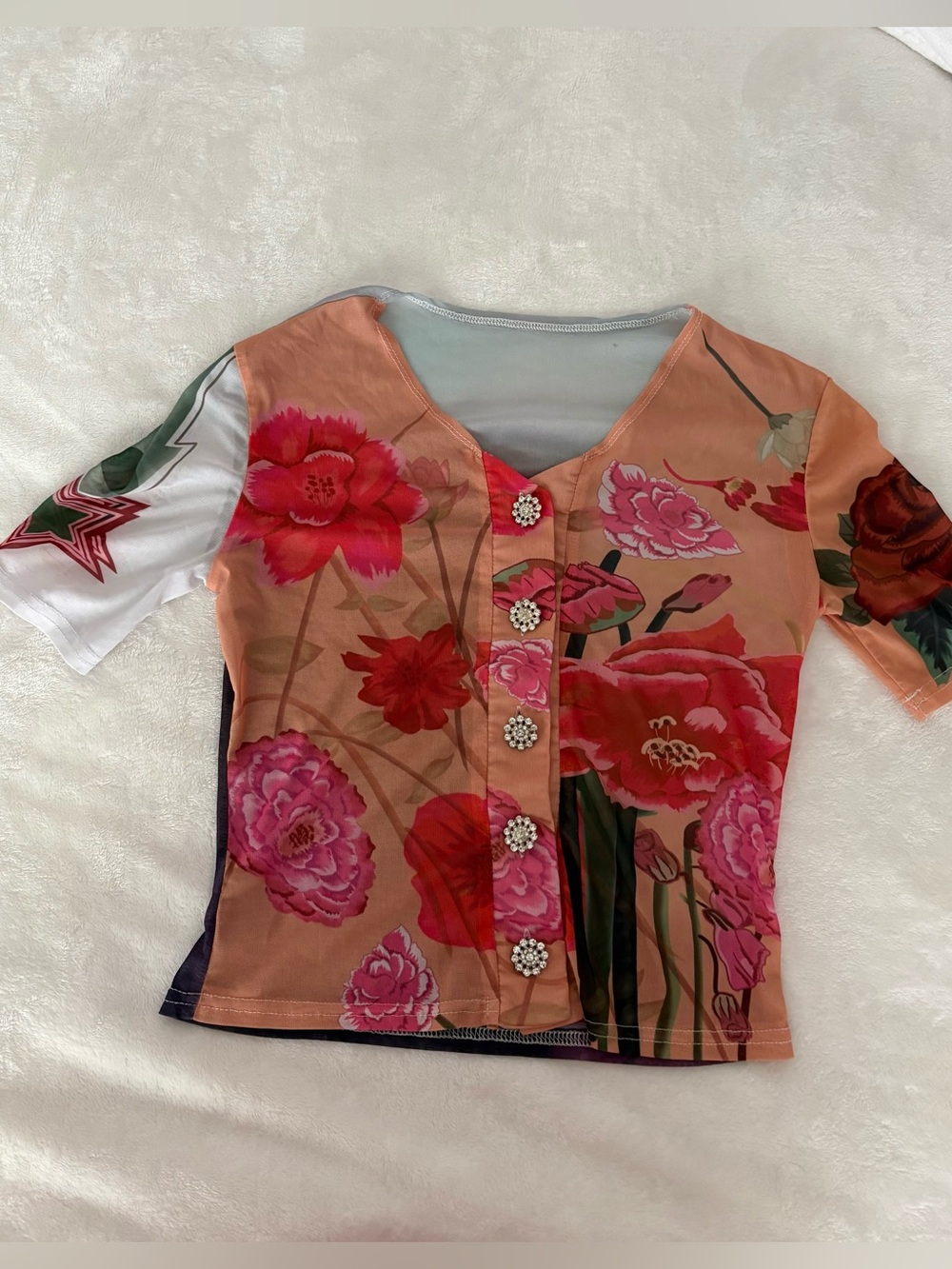 Y2K Floral Mesh Crop Top with Rhinestone Buttons